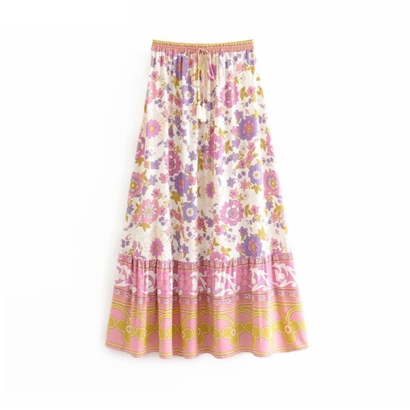 Boho Pink gypsy floral print ruffle hem Maxi skirt - Picture 4 of 5